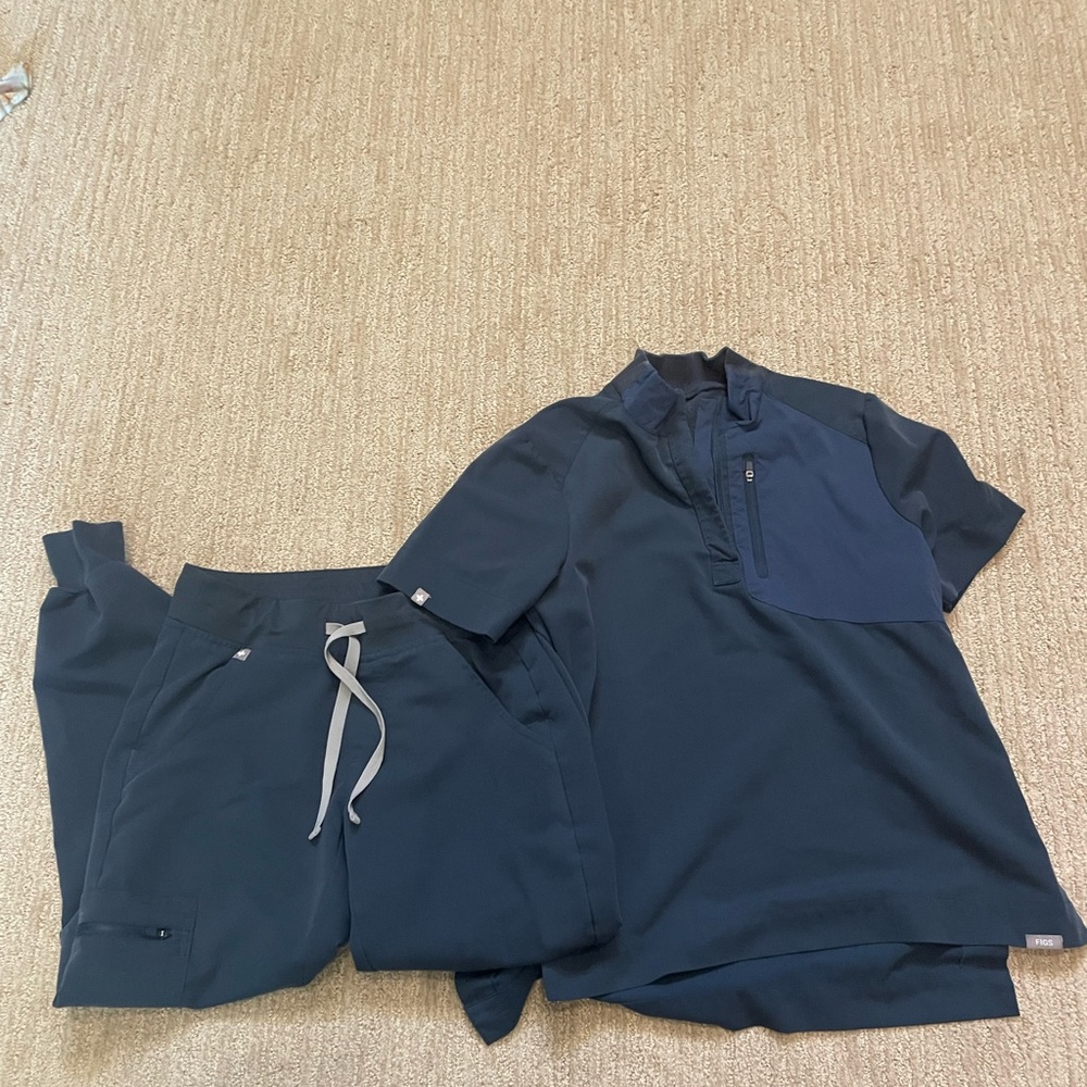 Limited Edition Blue one pocket scrub top and petite joggers